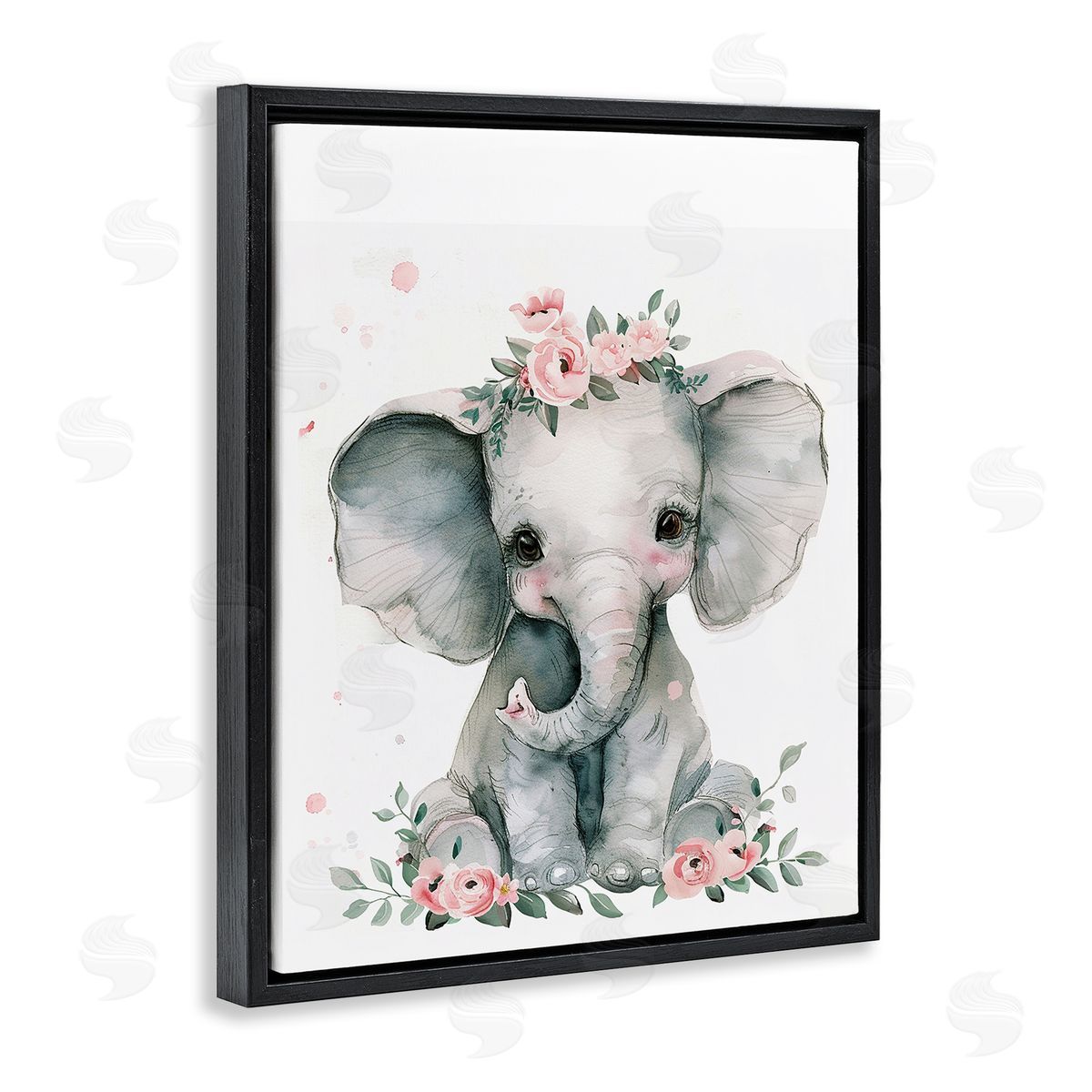 Nursery Floral Elephant Black Floating Frame Canvas Wall Art, Home Decor by LSR Design Studio