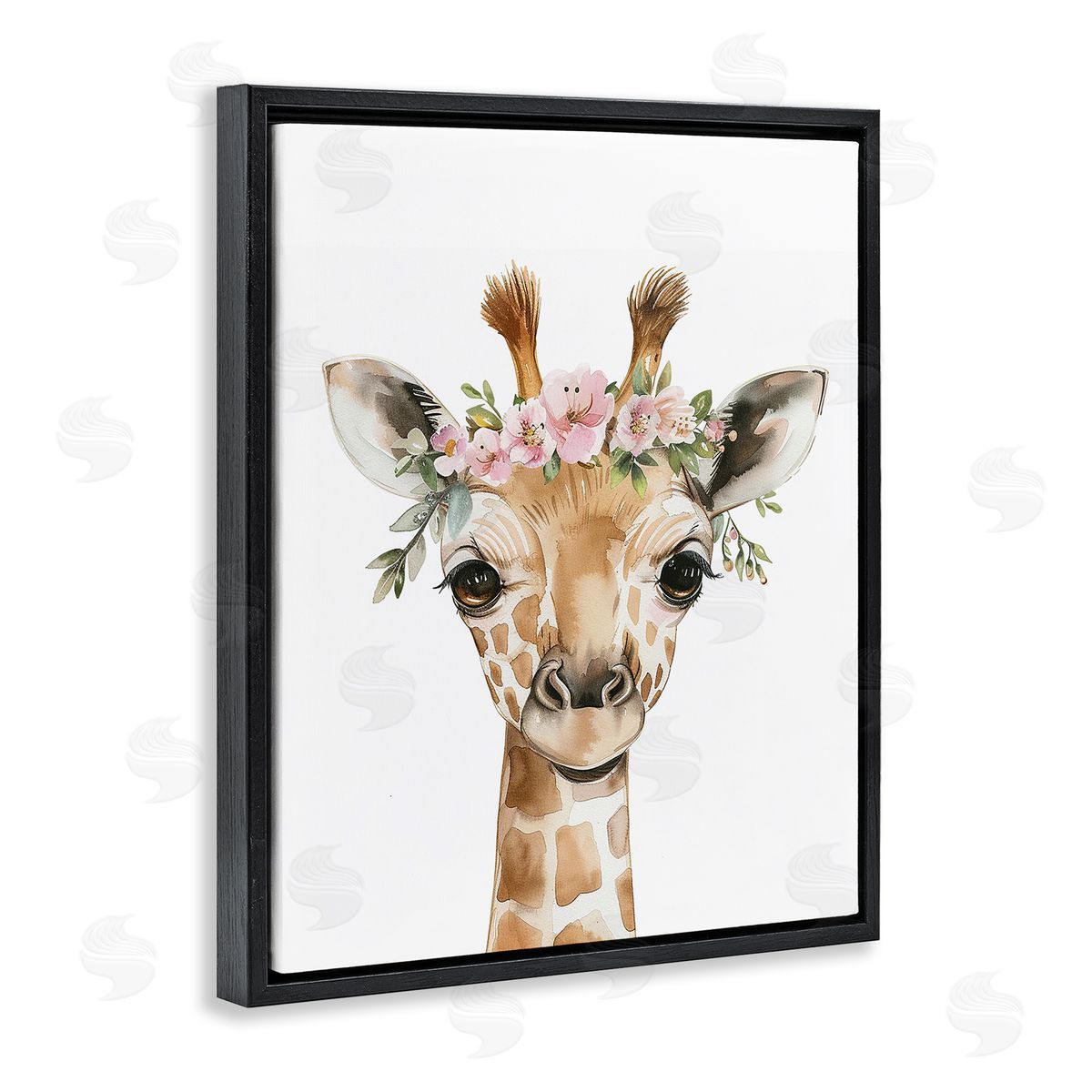 Nursery Floral Giraffe Black Floating Frame Canvas Wall Art, Home Decor by LSR Design Studio