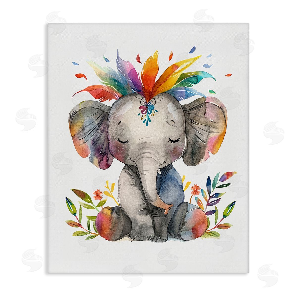 Rainbow Blooms Elephant Canvas Wall Art, Home Decor by LSR Design Studio