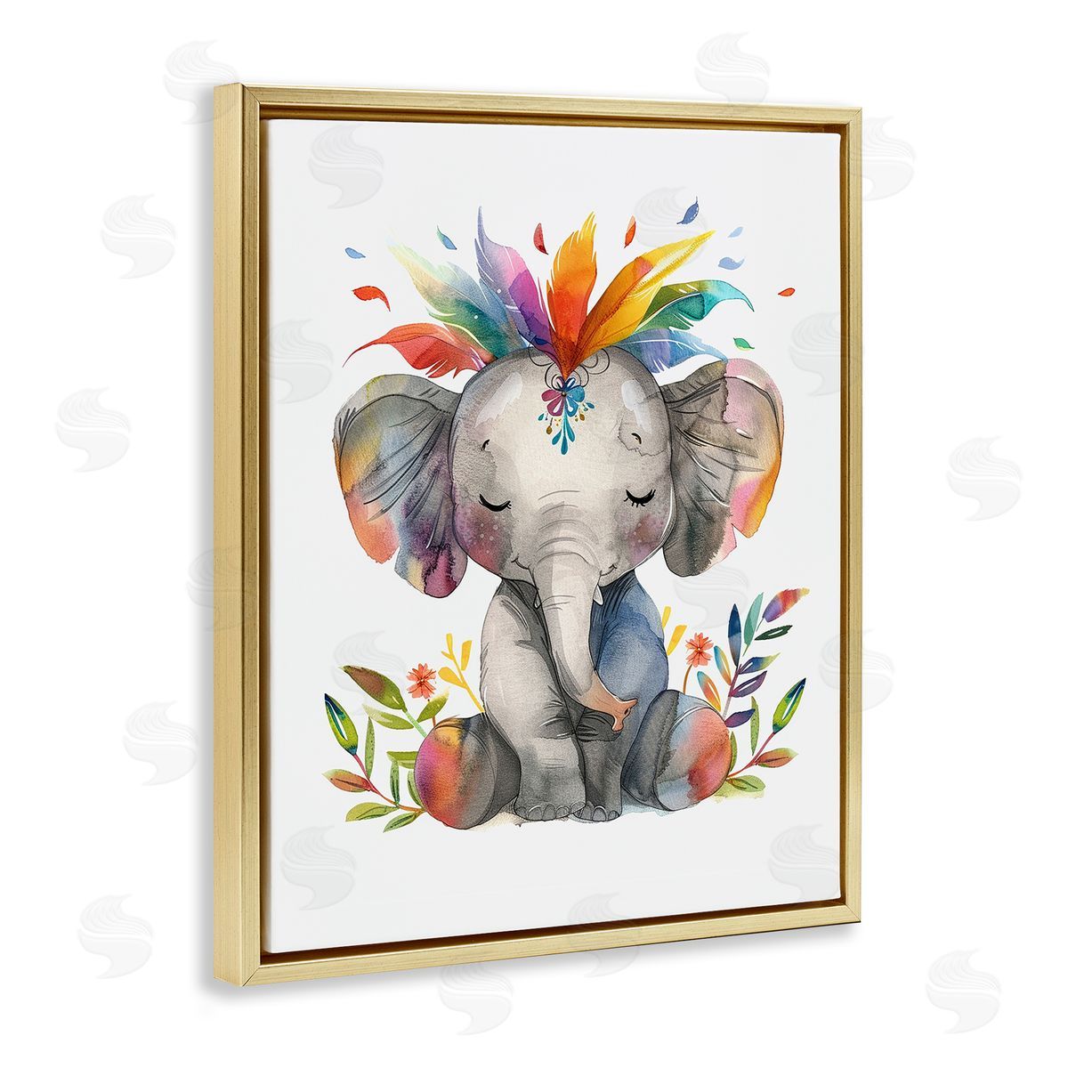 Rainbow Blooms Elephant Gold Floating Frame Canvas Wall Art, Home Decor by LSR Design Studio