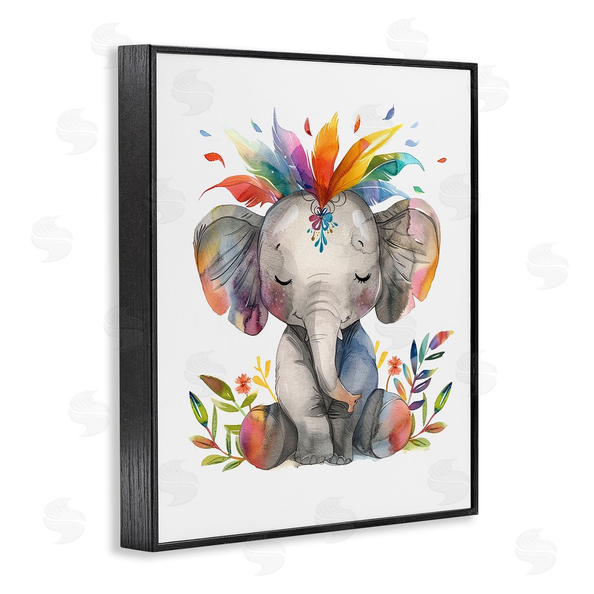 Rainbow Blooms Elephant Black Frame Print Wall Art, Home Decor by LSR Design Studio