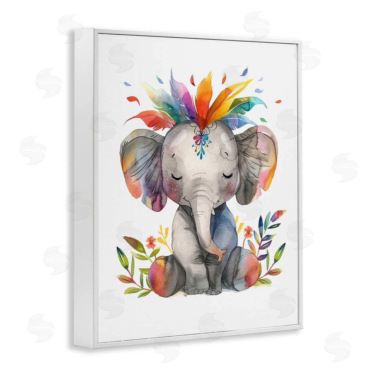 Rainbow Blooms Elephant White Frame Print Wall Art, Home Decor by LSR Design Studio