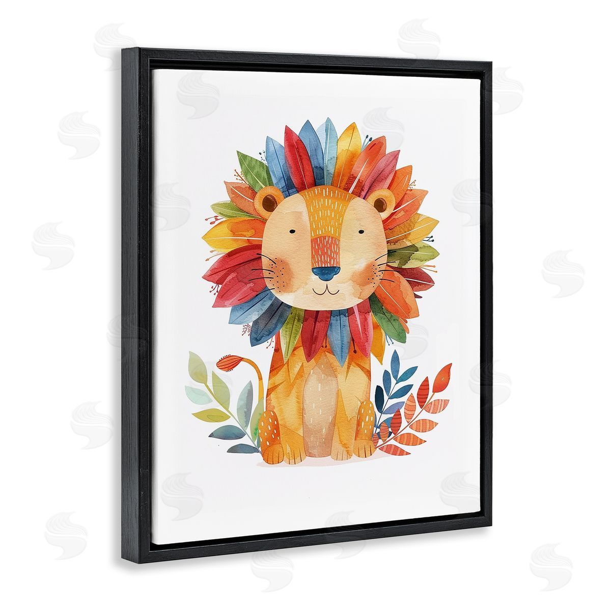 Rainbow Blooms Lion Black Floating Frame Canvas Wall Art, Home Decor by LSR Design Studio