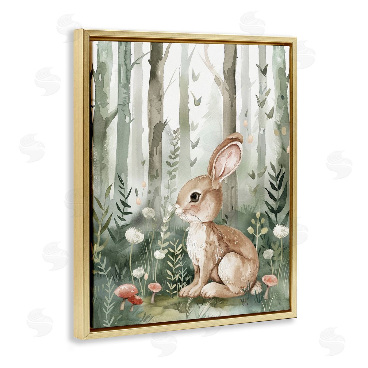 Soft Woodland Bunny Gold Floating Frame Canvas Wall Art, Home Decor by LSR Design Studio