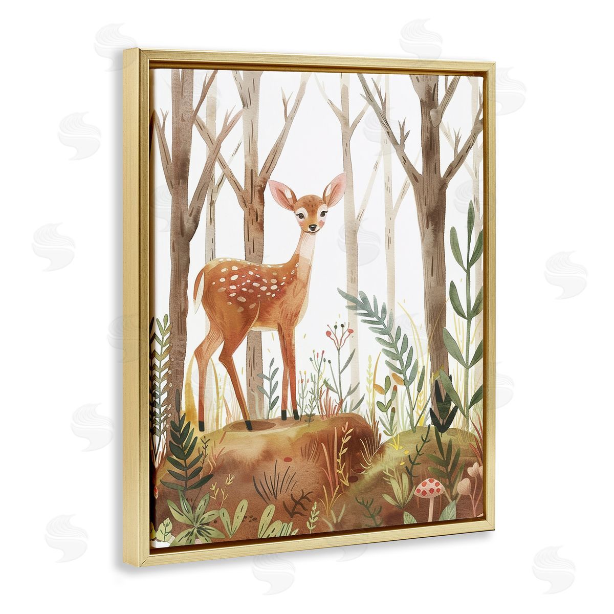 Soft Woodland Deer Gold Floating Frame Canvas Wall Art, Home Decor by LSR Design Studio
