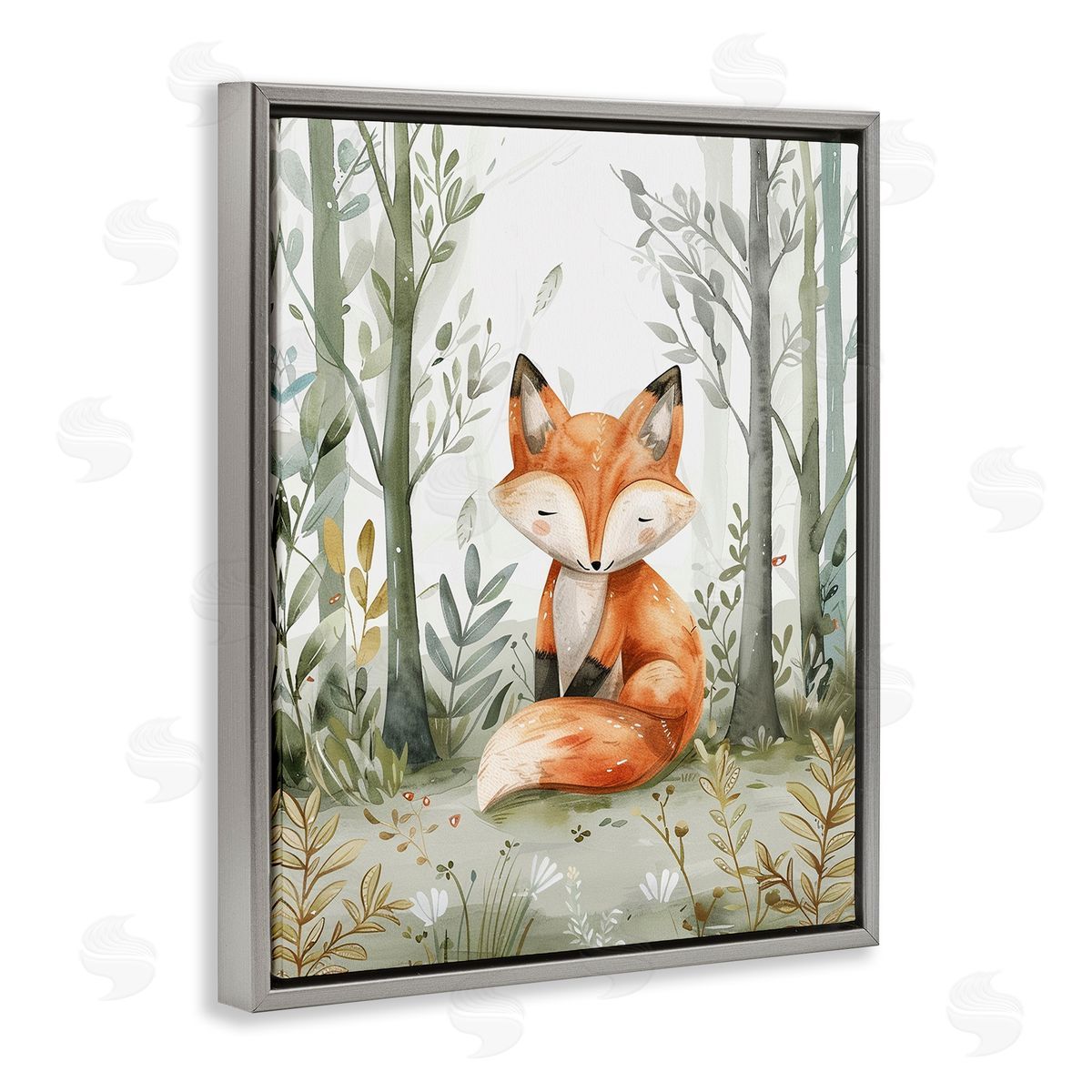 Soft Woodland Fox Grey Floating Frame Canvas Wall Art, Home Decor by LSR Design Studio