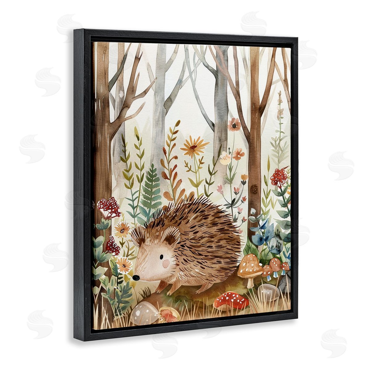 Soft Woodland Hedgehog Black Floating Frame Canvas Wall Art, Home Decor by LSR Design Studio