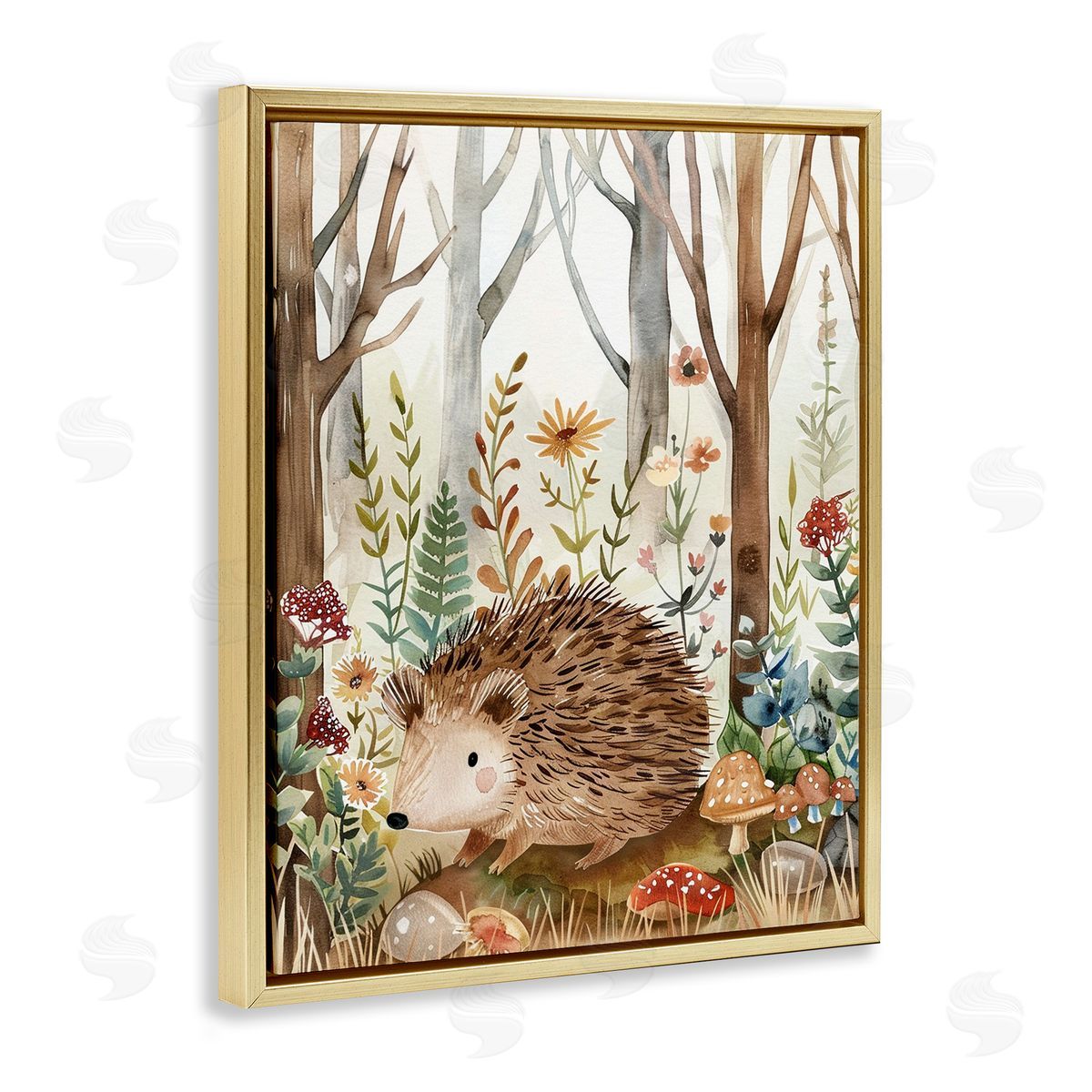 Soft Woodland Hedgehog Gold Floating Frame Canvas Wall Art, Home Decor by LSR Design Studio
