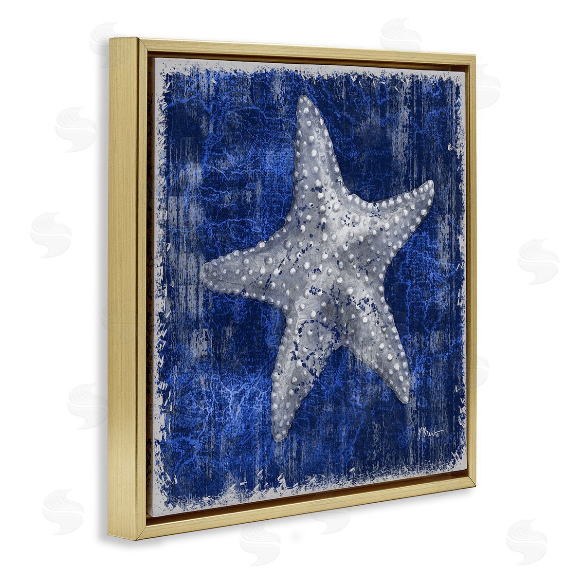 Rustic Indigo Starfish Gold Floating Frame Canvas Wall Art, Home Decor by Paul Brent