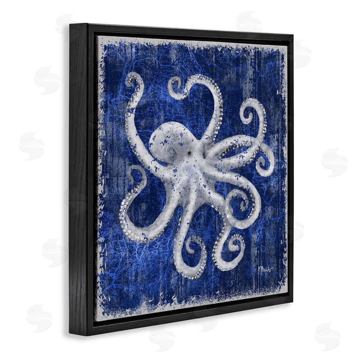 Rustic Indigo Octopus Black Floating Frame Canvas Wall Art, Home Decor by Paul Brent