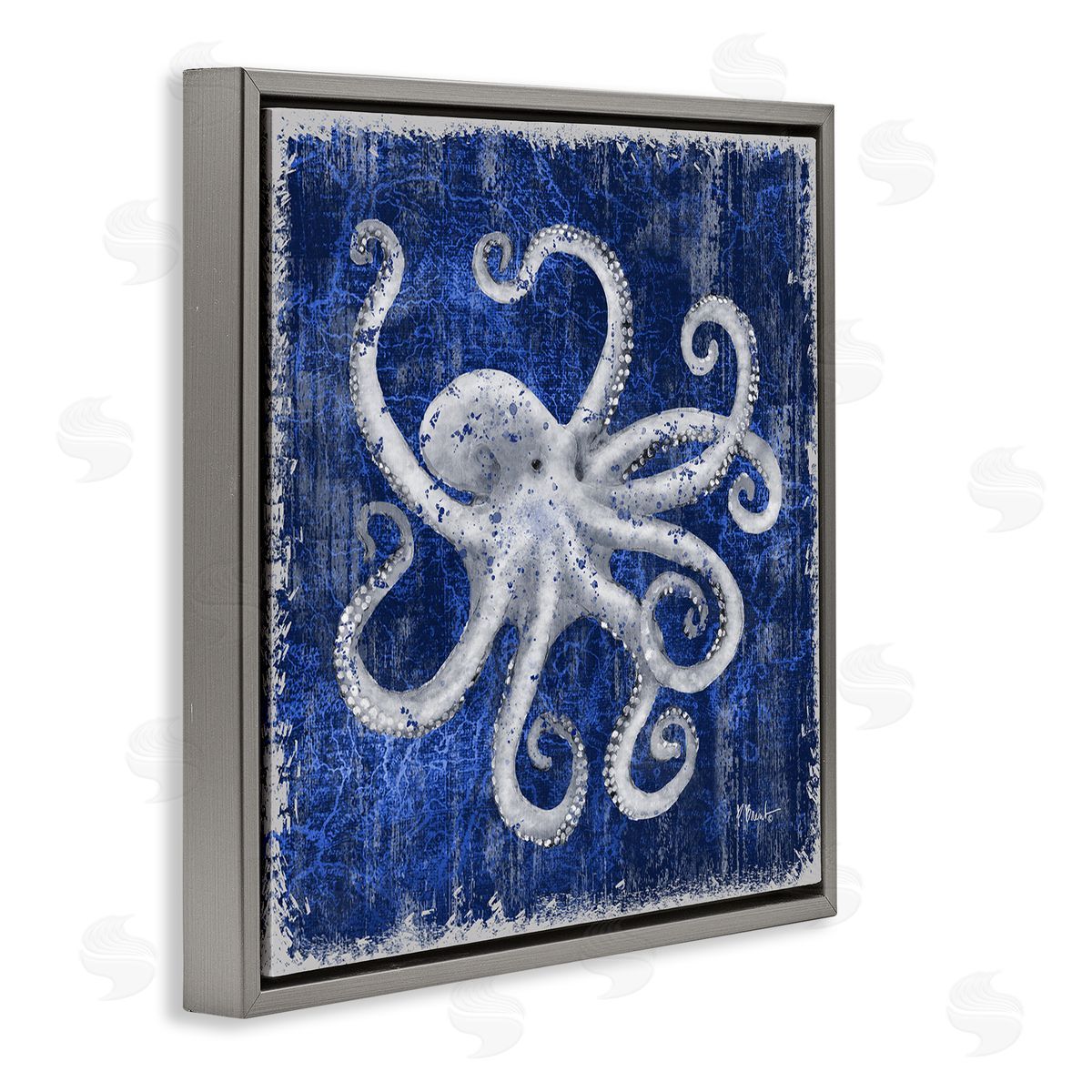 Rustic Indigo Octopus Grey Floating Frame Canvas Wall Art, Home Decor by Paul Brent