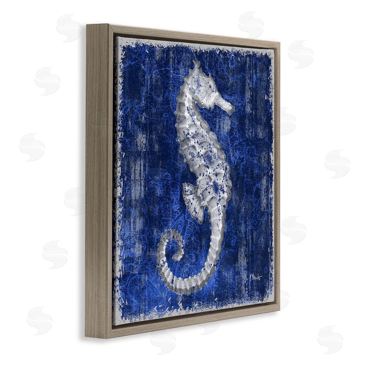 Rustic Indigo Seahorse Brown Floating Frame Canvas Wall Art, Home Decor by Paul Brent