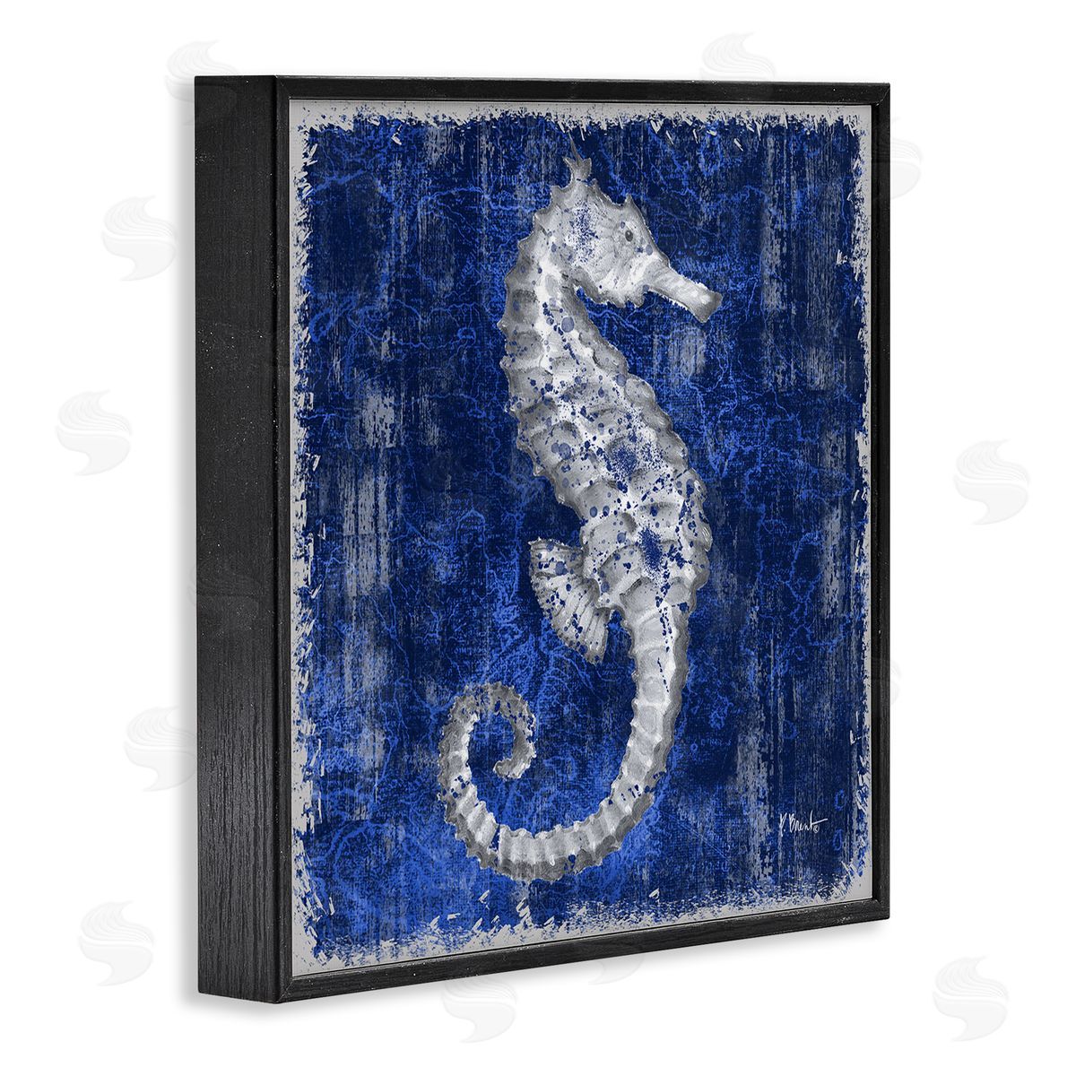 Rustic Indigo Seahorse Black Frame Print Wall Art, Home Decor by Paul Brent