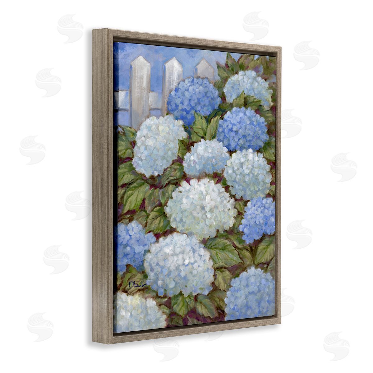 Blue & White Hydrangea Brown Floating Frame Canvas Wall Art, Home Decor by Paul Brent