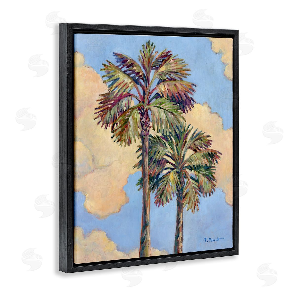 Two Palm Trees & Clouds Black Floating Frame Canvas Wall Art, Home Decor by Paul Brent