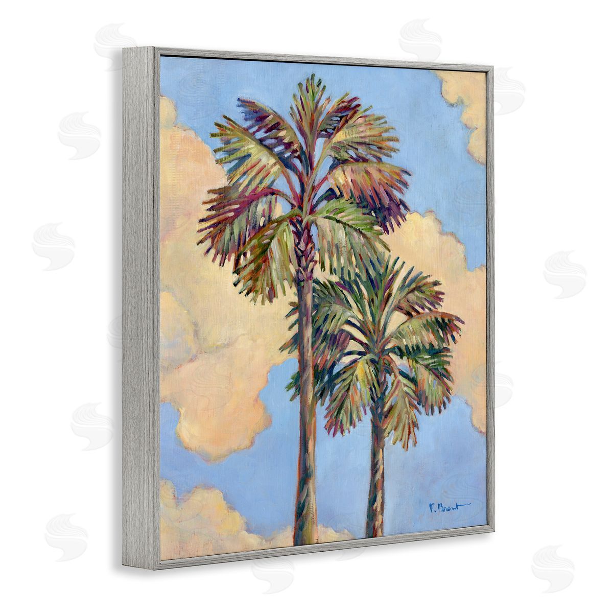 Two Palm Trees & Clouds Grey Frame Print Wall Art, Home Decor by Paul Brent