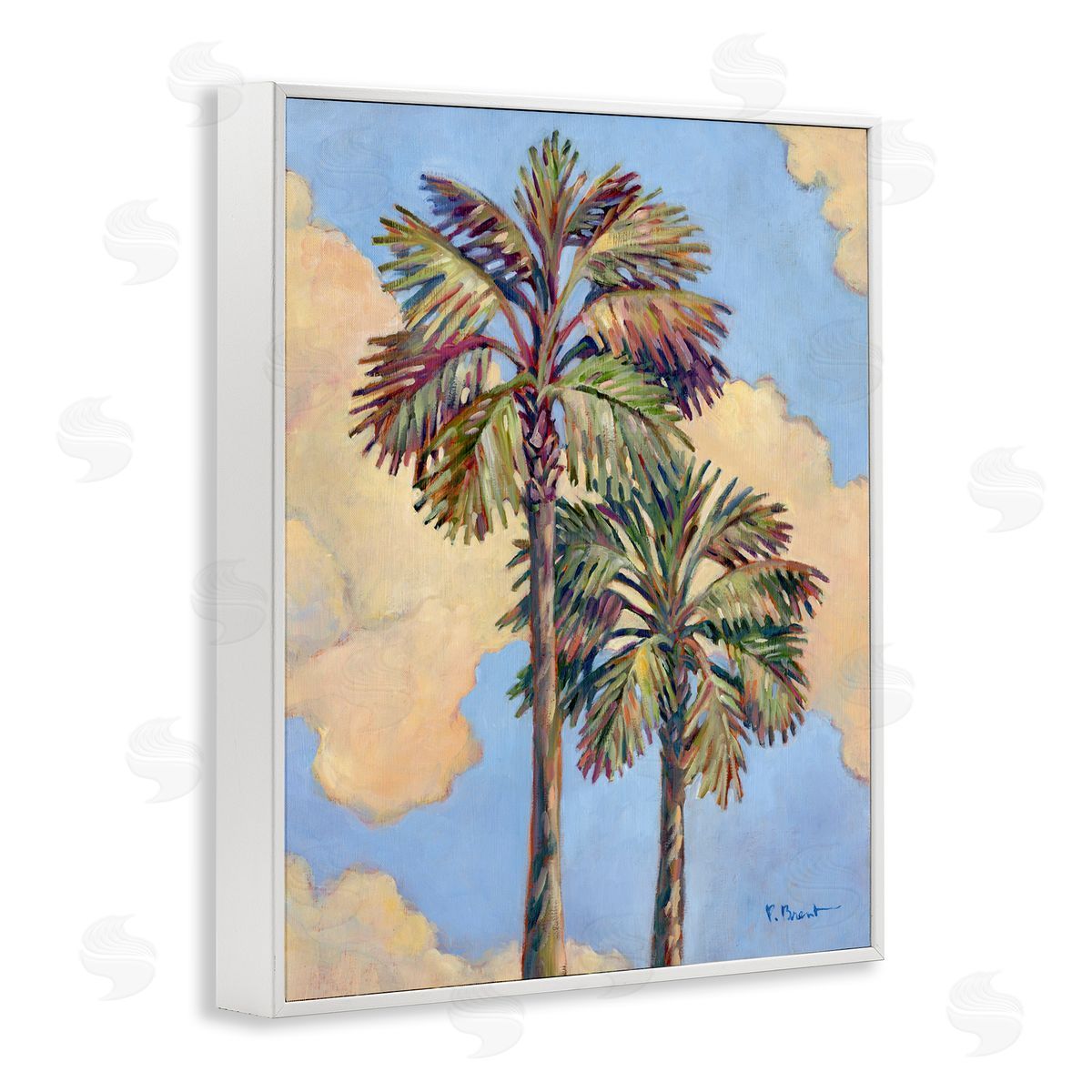 Two Palm Trees & Clouds White Frame Print Wall Art, Home Decor by Paul Brent