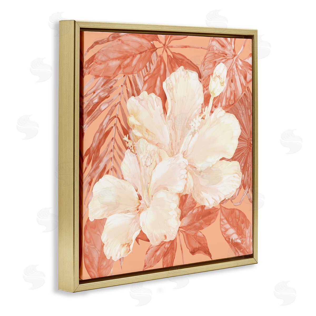 Hibiscus Flower Bunches Gold Floating Frame Canvas Wall Art, Home Decor by Paul Brent