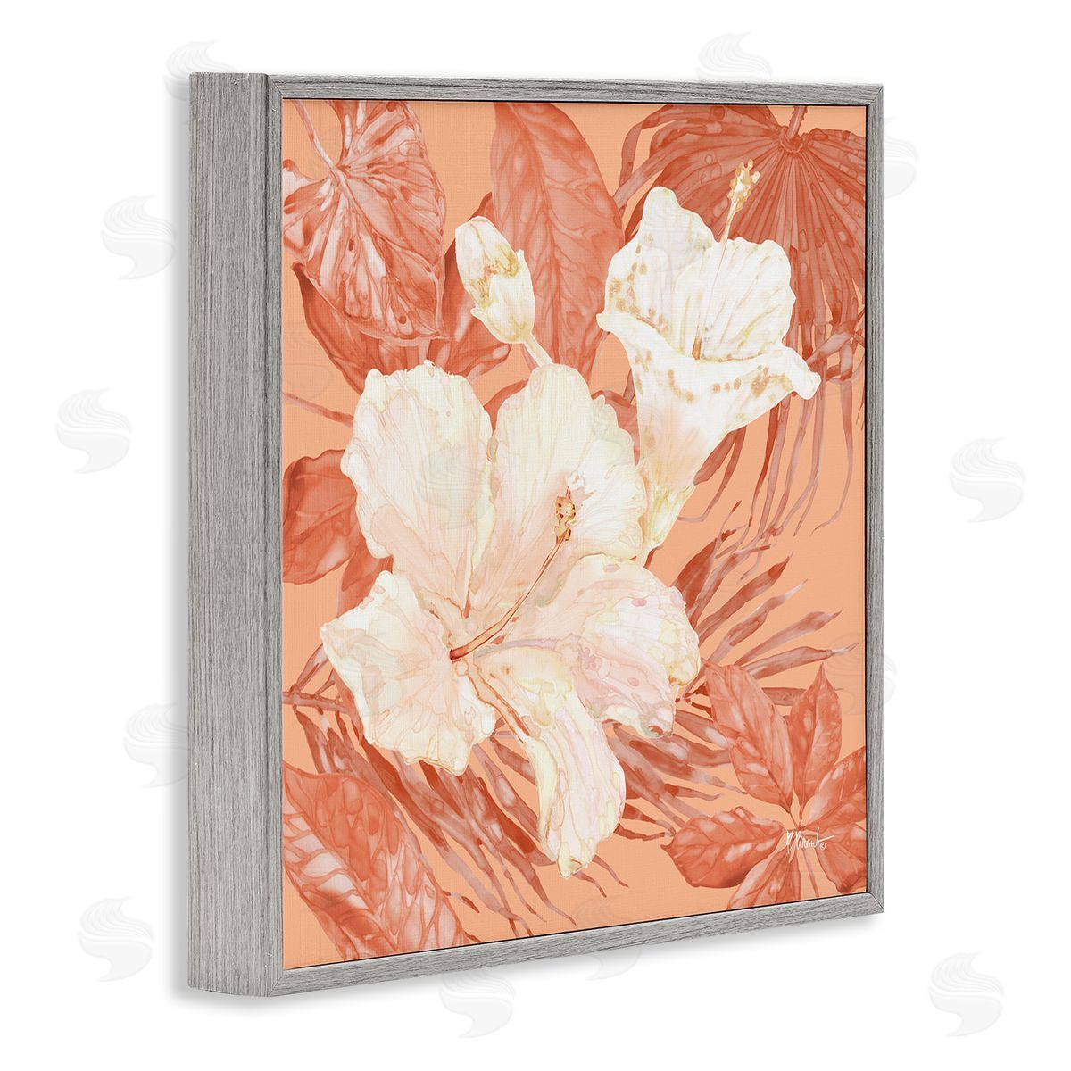 Hibiscus & Leaf Bunch Grey Frame Print Wall Art, Home Decor by Paul Brent
