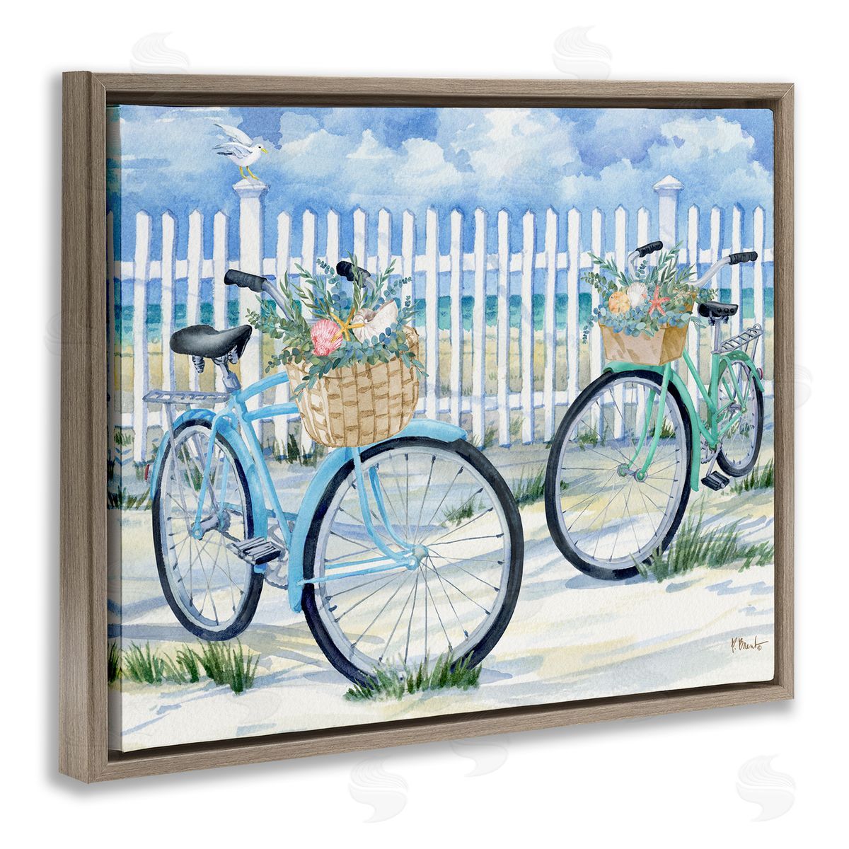 Bicycles at Beach Fence Brown Floating Frame Canvas Wall Art, Home Decor by Paul Brent
