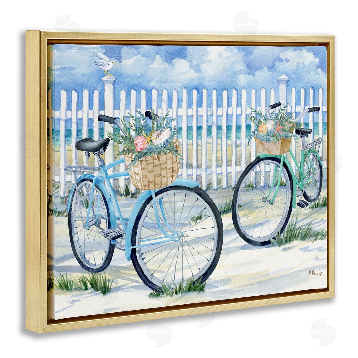 Bicycles at Beach Fence Gold Floating Frame Canvas Wall Art, Home Decor by Paul Brent