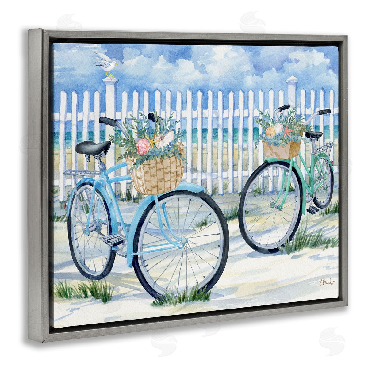 Bicycles at Beach Fence Grey Floating Frame Canvas Wall Art, Home Decor by Paul Brent