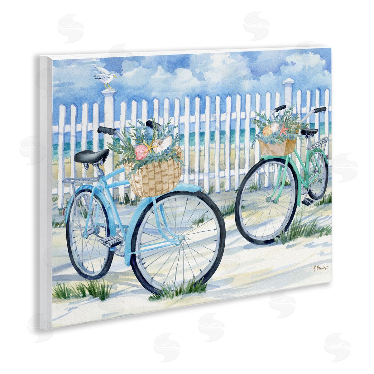 Bicycles at Beach Fence Wood Plaque Wall Art, Home Decor by Paul Brent