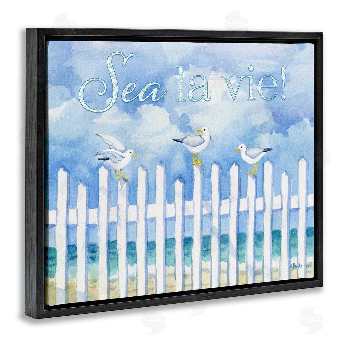 Seagulls on Beach Fence Black Floating Frame Canvas Wall Art, Home Decor by Paul Brent