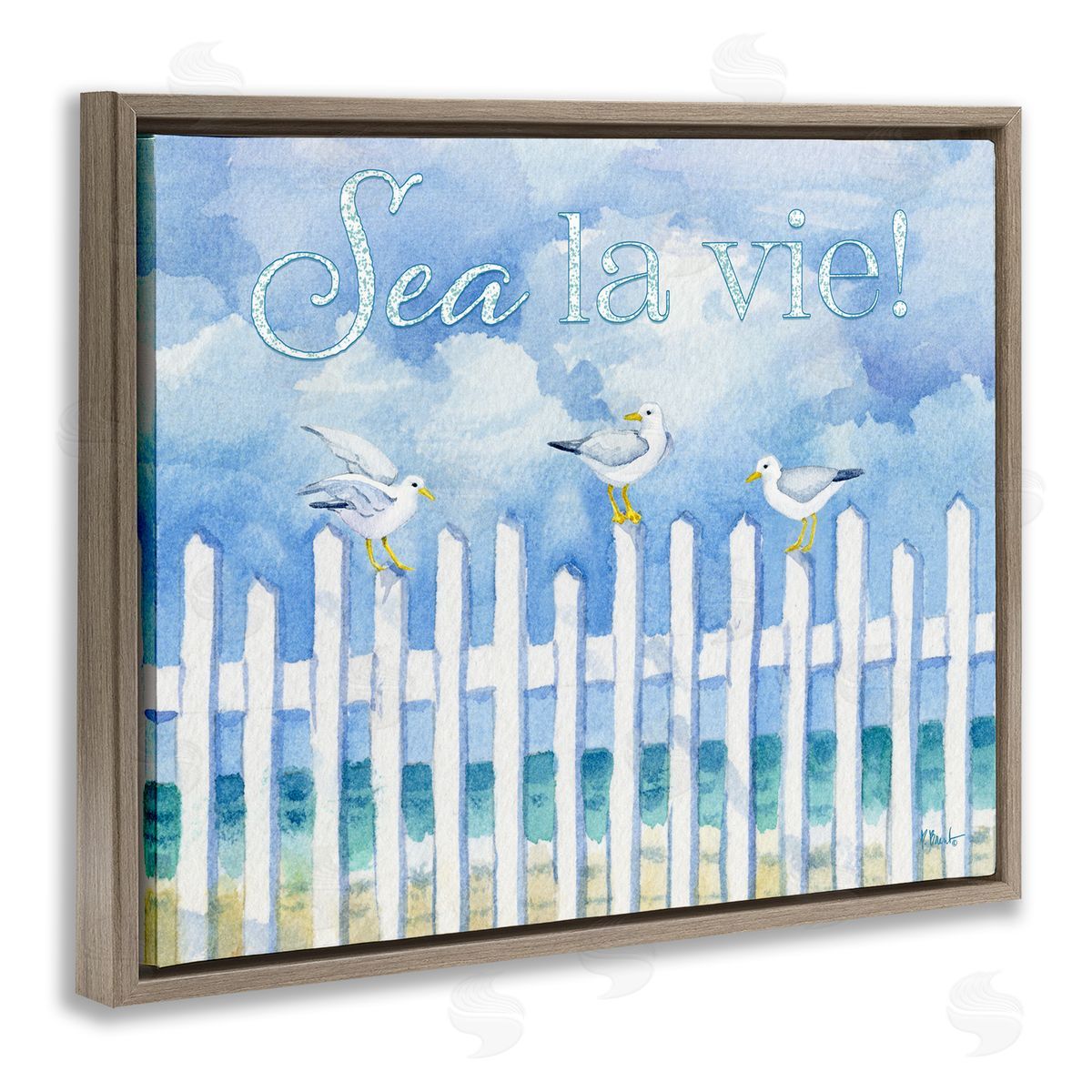 Seagulls on Beach Fence Brown Floating Frame Canvas Wall Art, Home Decor by Paul Brent
