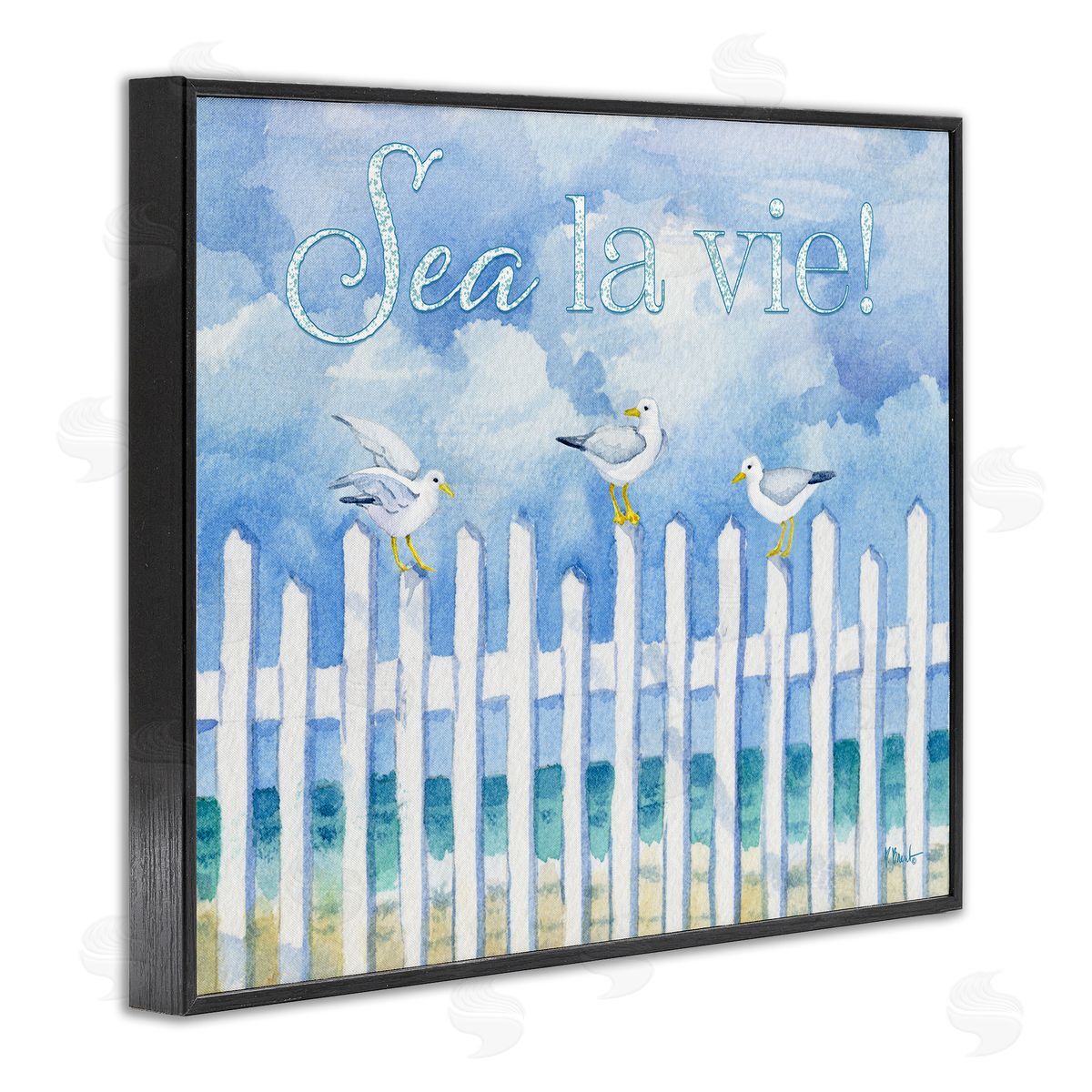 Seagulls on Beach Fence Black Frame Print Wall Art, Home Decor by Paul Brent