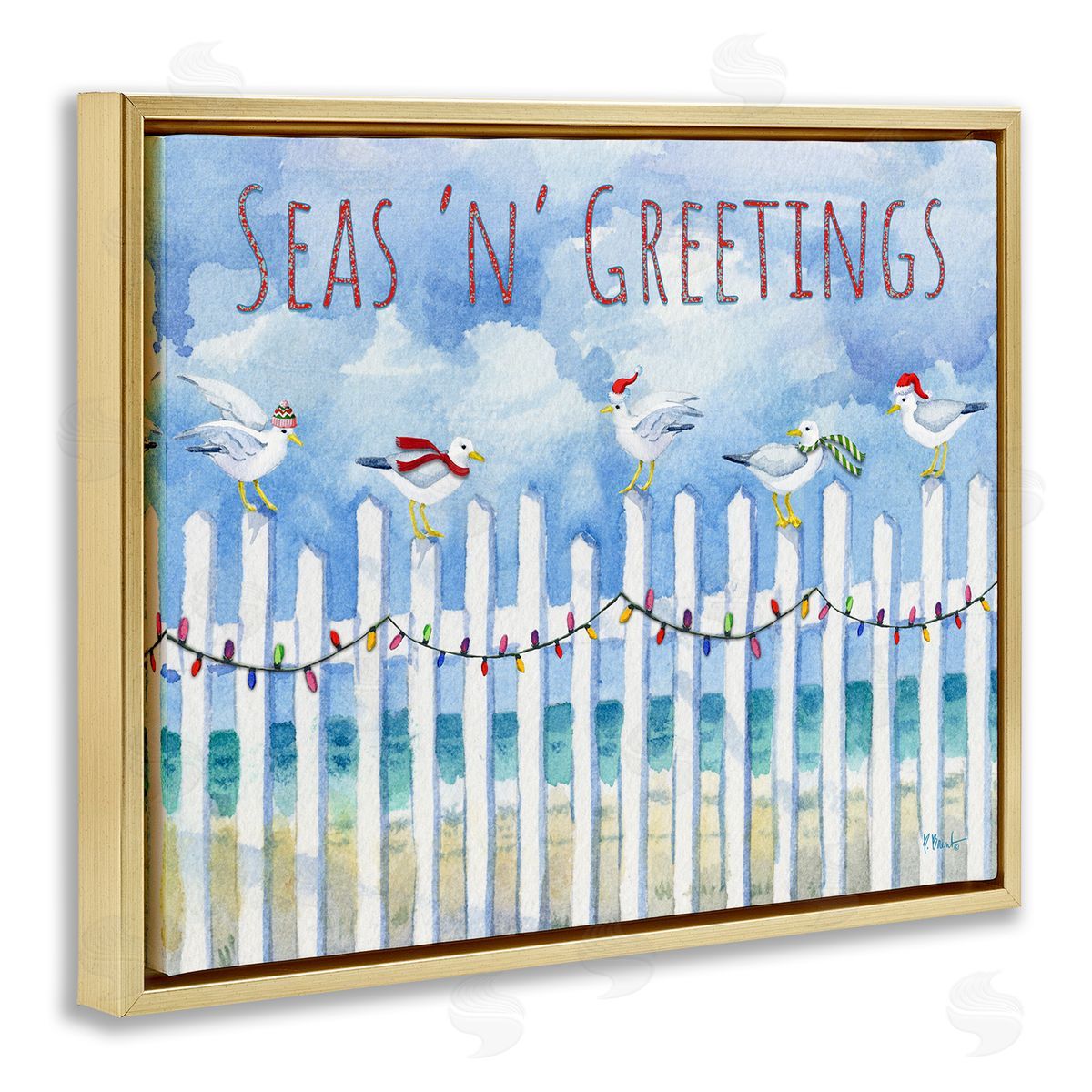 Seas 'n' Greetings Seagulls Gold Floating Frame Canvas Wall Art, Home Decor by Paul Brent
