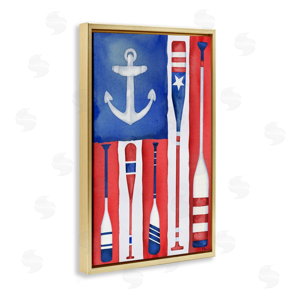 Americana Oar Flag Gold Floating Frame Canvas Wall Art, Home Decor by Paul Brent