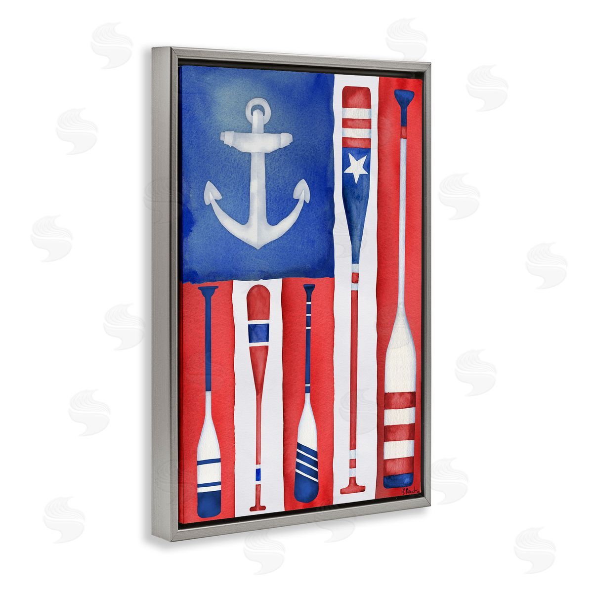 Americana Oar Flag Grey Floating Frame Canvas Wall Art, Home Decor by Paul Brent