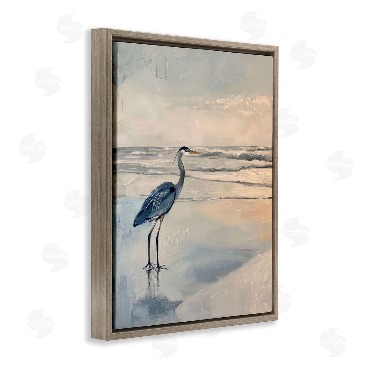Heron on Classic Coast Brown Floating Frame Canvas Wall Art, Home Decor by Petal Prints Design