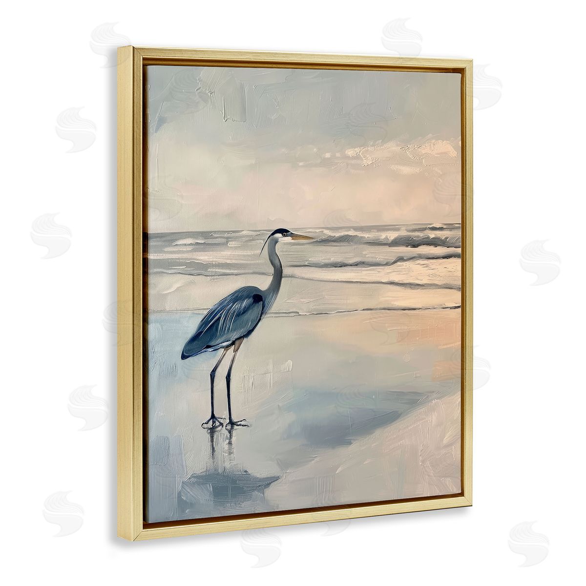 Heron on Classic Coast Gold Floating Frame Canvas Wall Art, Home Decor by Petal Prints Design