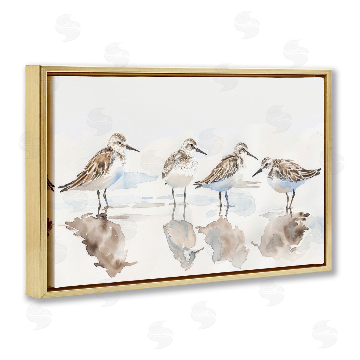 Sandpipers Shore Reflection Gold Floating Frame Canvas Wall Art, Home Decor by Petal Prints Design