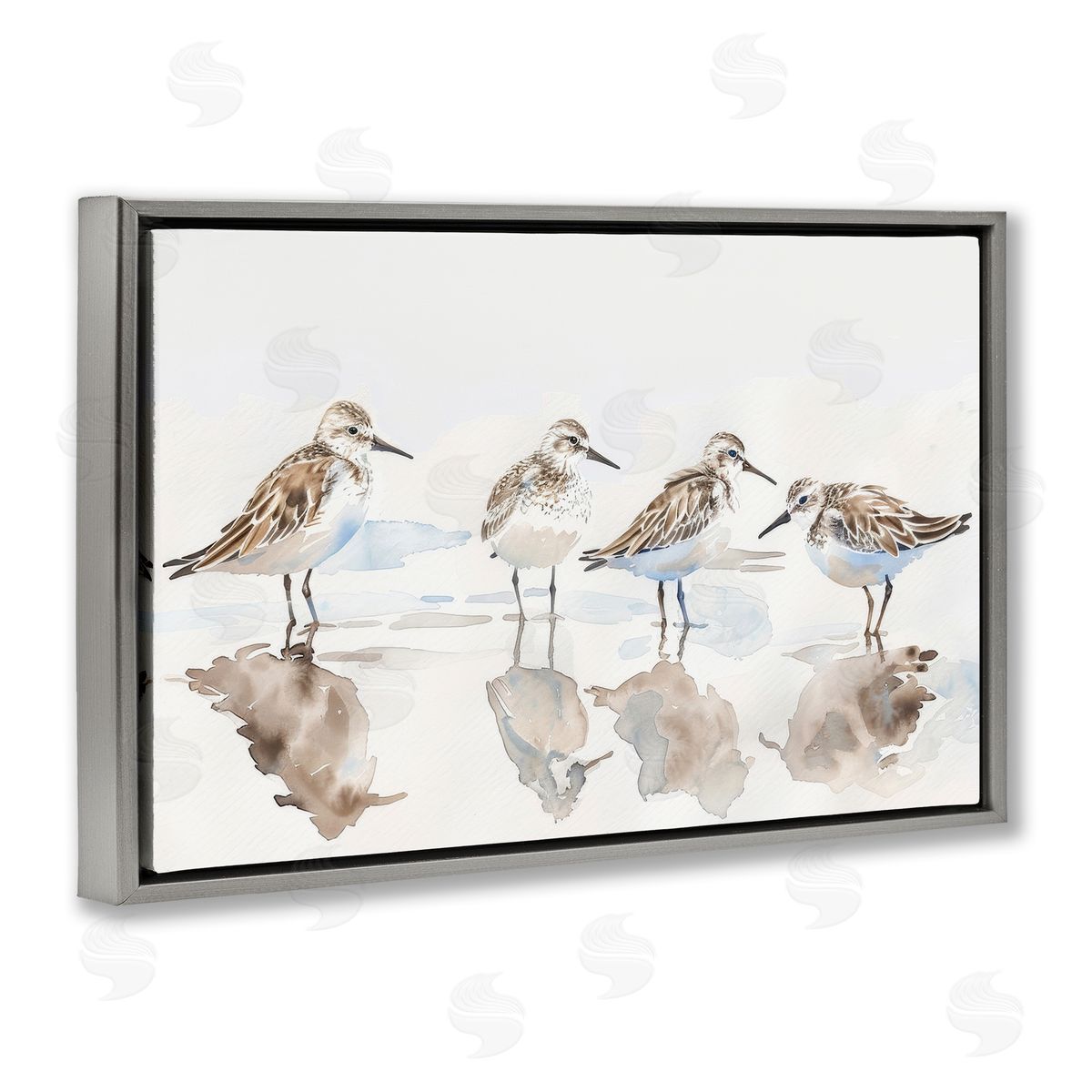 Sandpipers Shore Reflection Grey Floating Frame Canvas Wall Art, Home Decor by Petal Prints Design