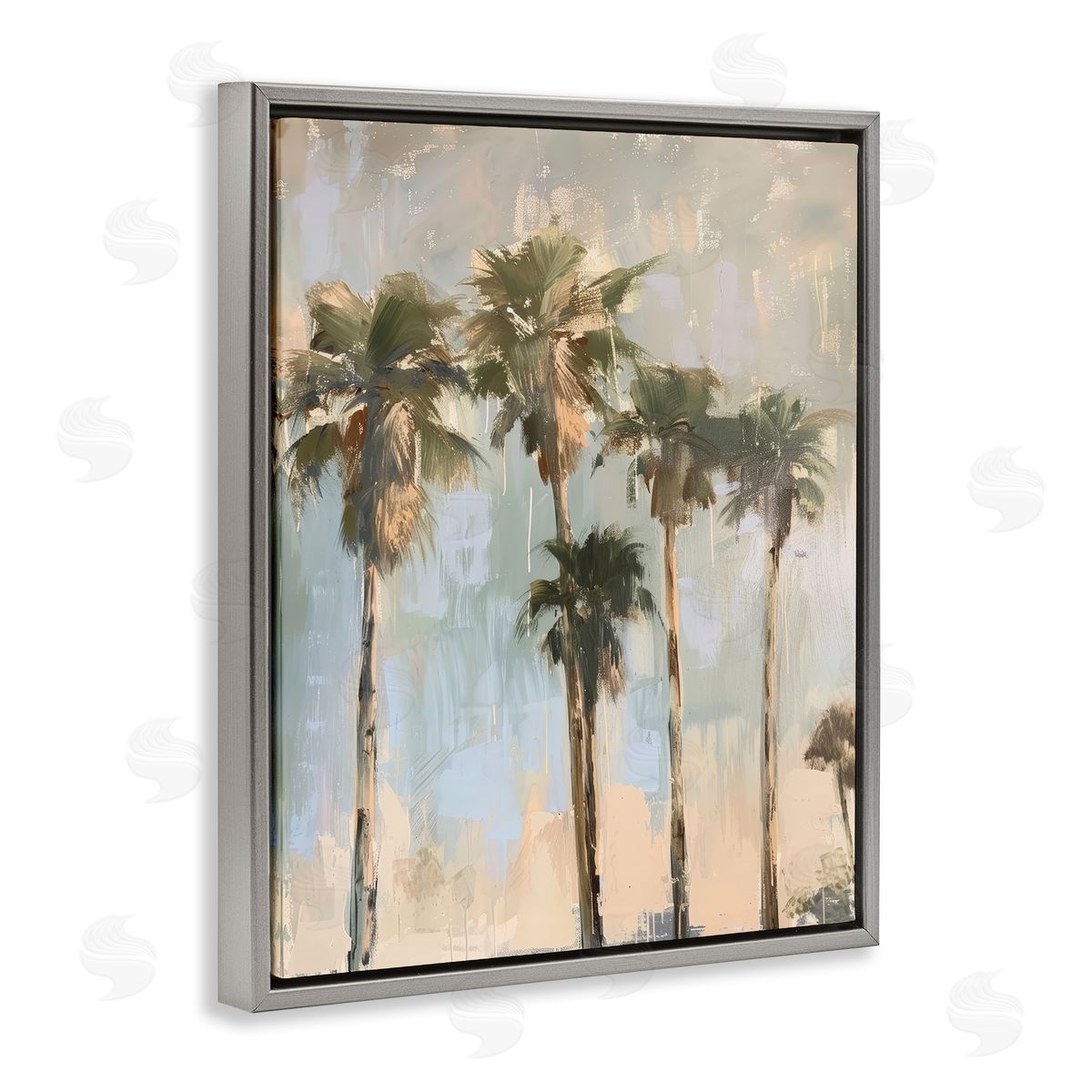 Painterly Palm Trees Grey Floating Frame Canvas Wall Art, Home Decor by Petal Prints Design