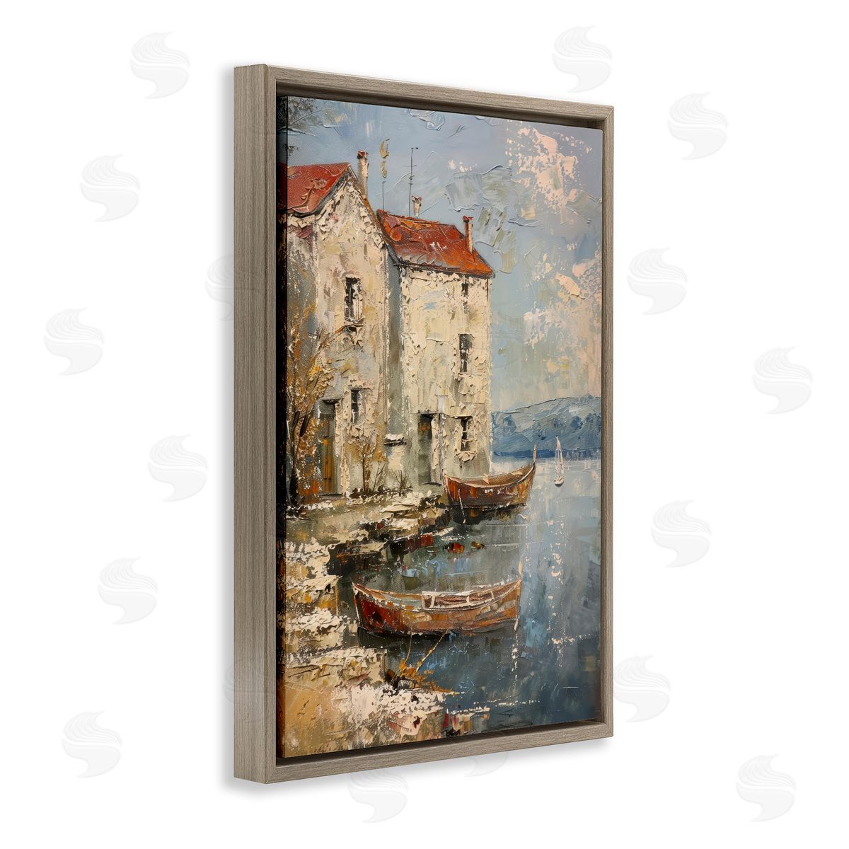 Red Townside Boats Brown Floating Frame Canvas Wall Art, Home Decor by Petal Prints Design