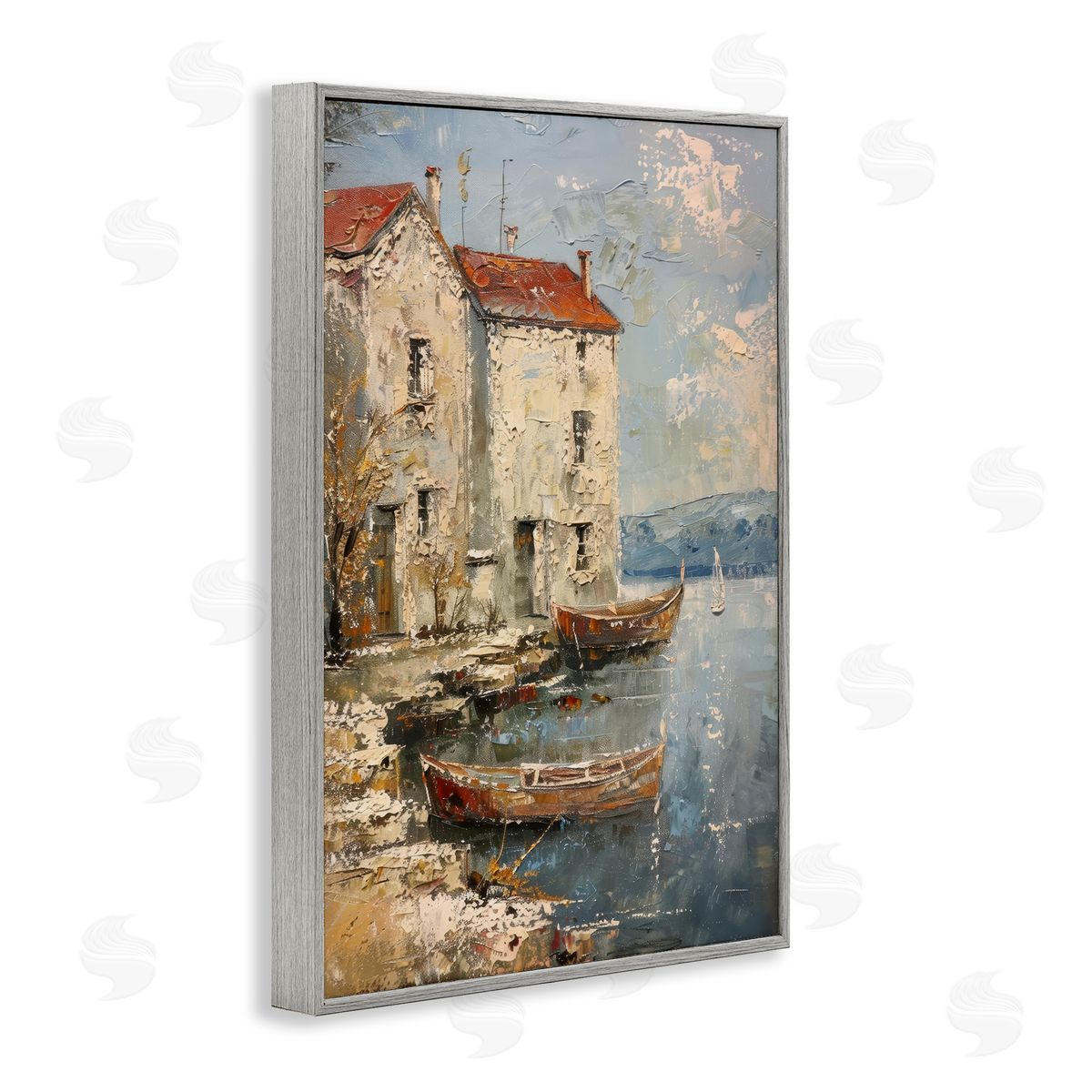 Red Townside Boats Grey Frame Print Wall Art, Home Decor by Petal Prints Design