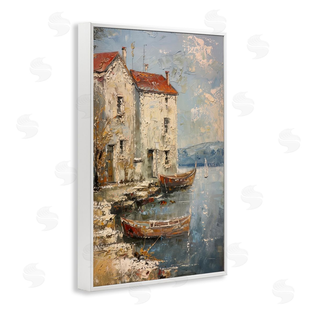 Red Townside Boats White Frame Print Wall Art, Home Decor by Petal Prints Design