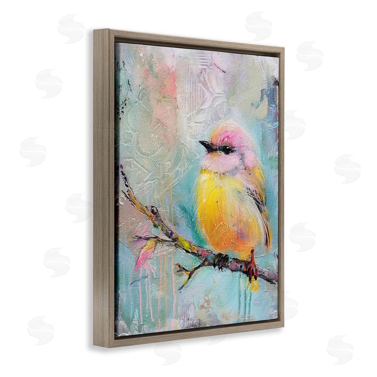 Soft Pastel Bird Brown Floating Frame Canvas Wall Art, Home Decor by RileyB