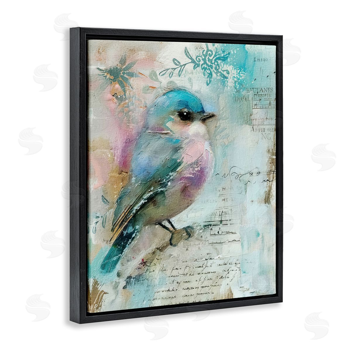 Vintage Soft Pastel Bird Black Floating Frame Canvas Wall Art, Home Decor by RileyB