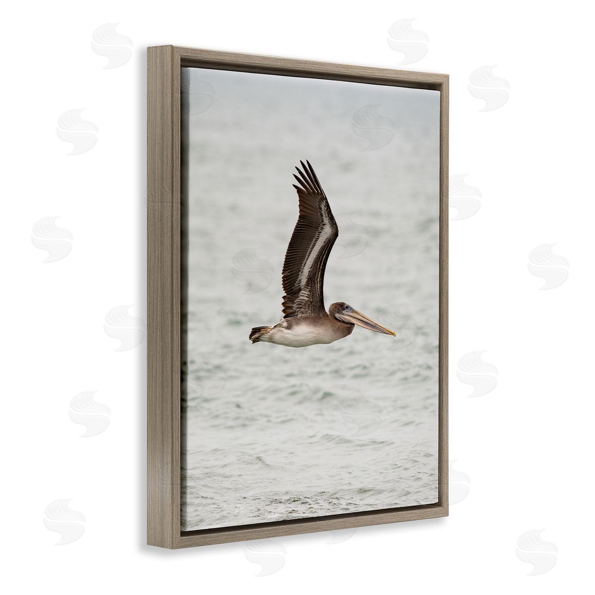 Pelican Over Sea Brown Floating Frame Canvas Wall Art, Home Decor by Crystal Lynn Collins