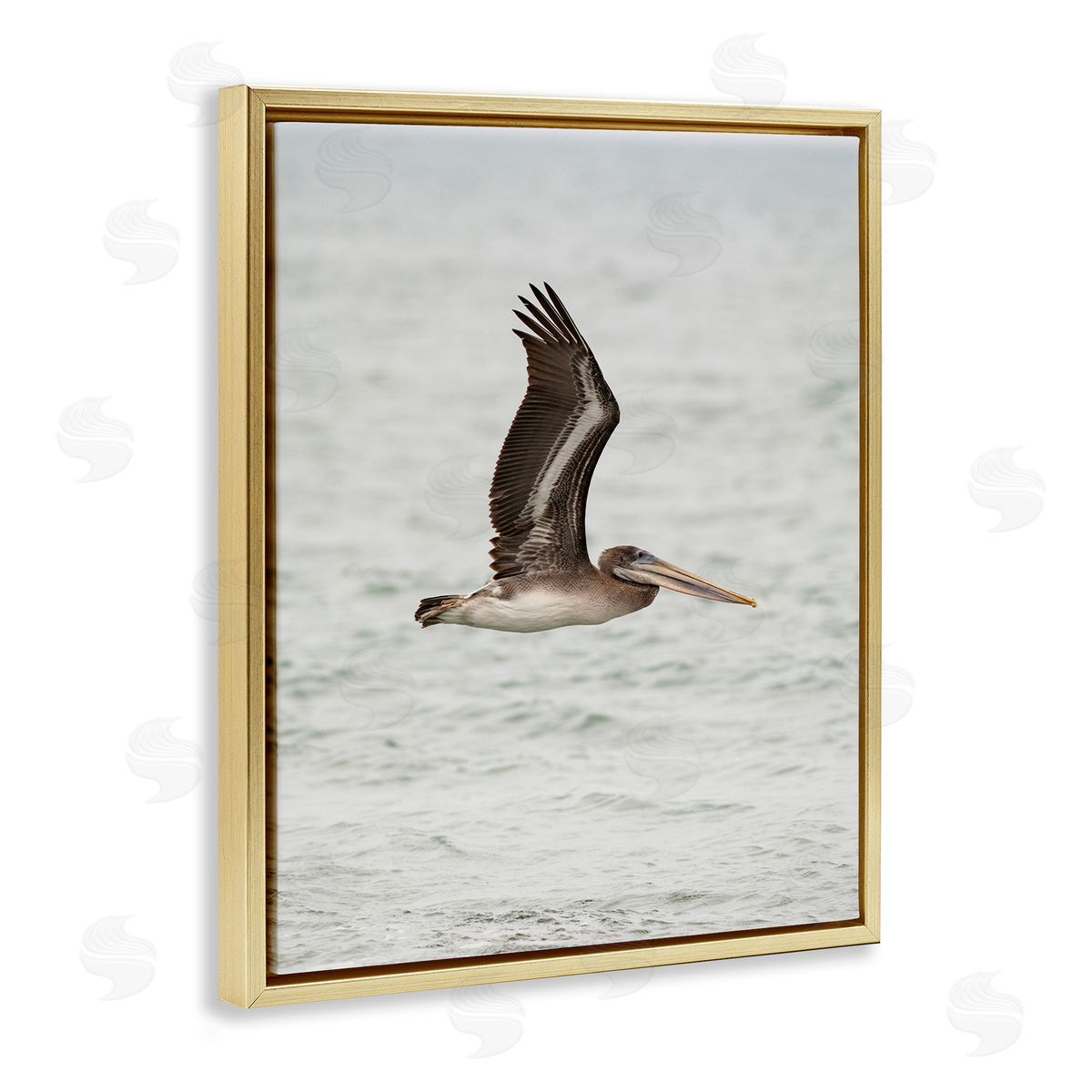 Pelican Over Sea Gold Floating Frame Canvas Wall Art, Home Decor by Crystal Lynn Collins