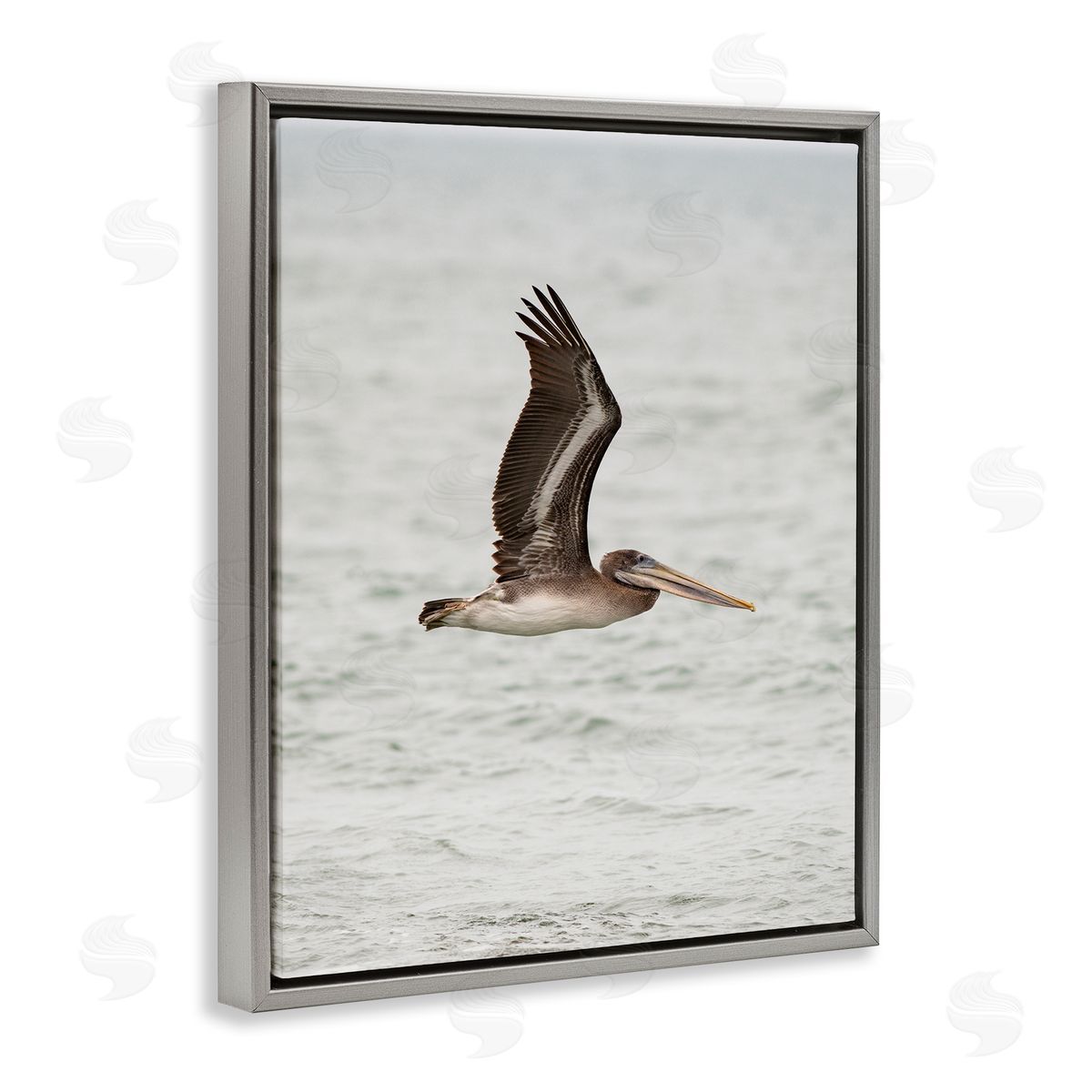 Pelican Over Sea Grey Floating Frame Canvas Wall Art, Home Decor by Crystal Lynn Collins