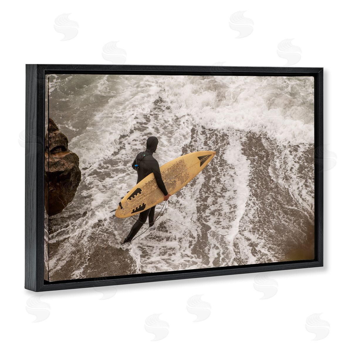 Surfer Strolling Shore Black Floating Frame Canvas Wall Art, Home Decor by Crystal Lynn Collins
