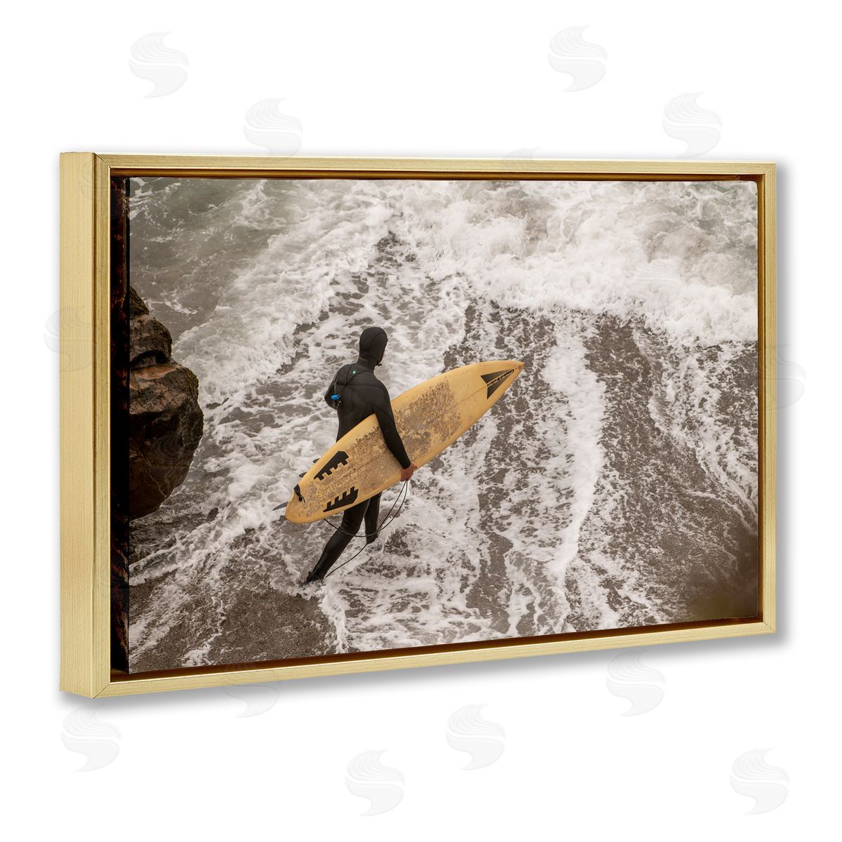 Surfer Strolling Shore Gold Floating Frame Canvas Wall Art, Home Decor by Crystal Lynn Collins