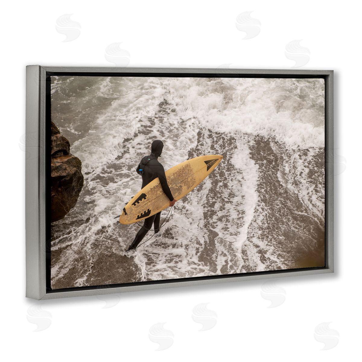 Surfer Strolling Shore Grey Floating Frame Canvas Wall Art, Home Decor by Crystal Lynn Collins