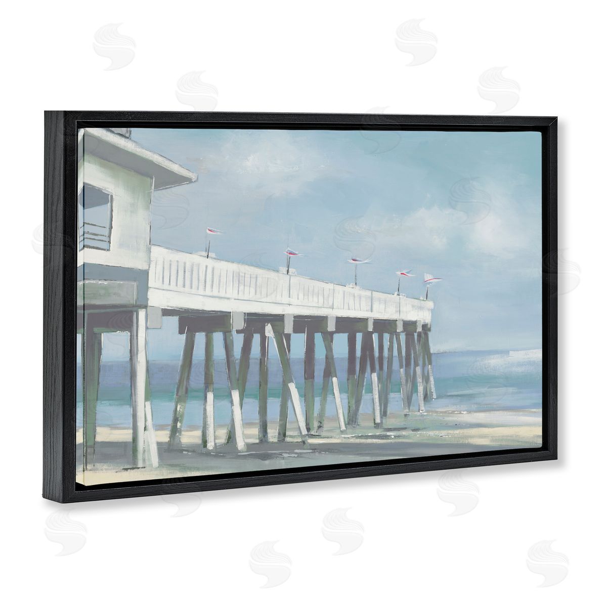 Extended Pier over Beach Black Floating Frame Canvas Wall Art, Home Decor by Liz Jardine